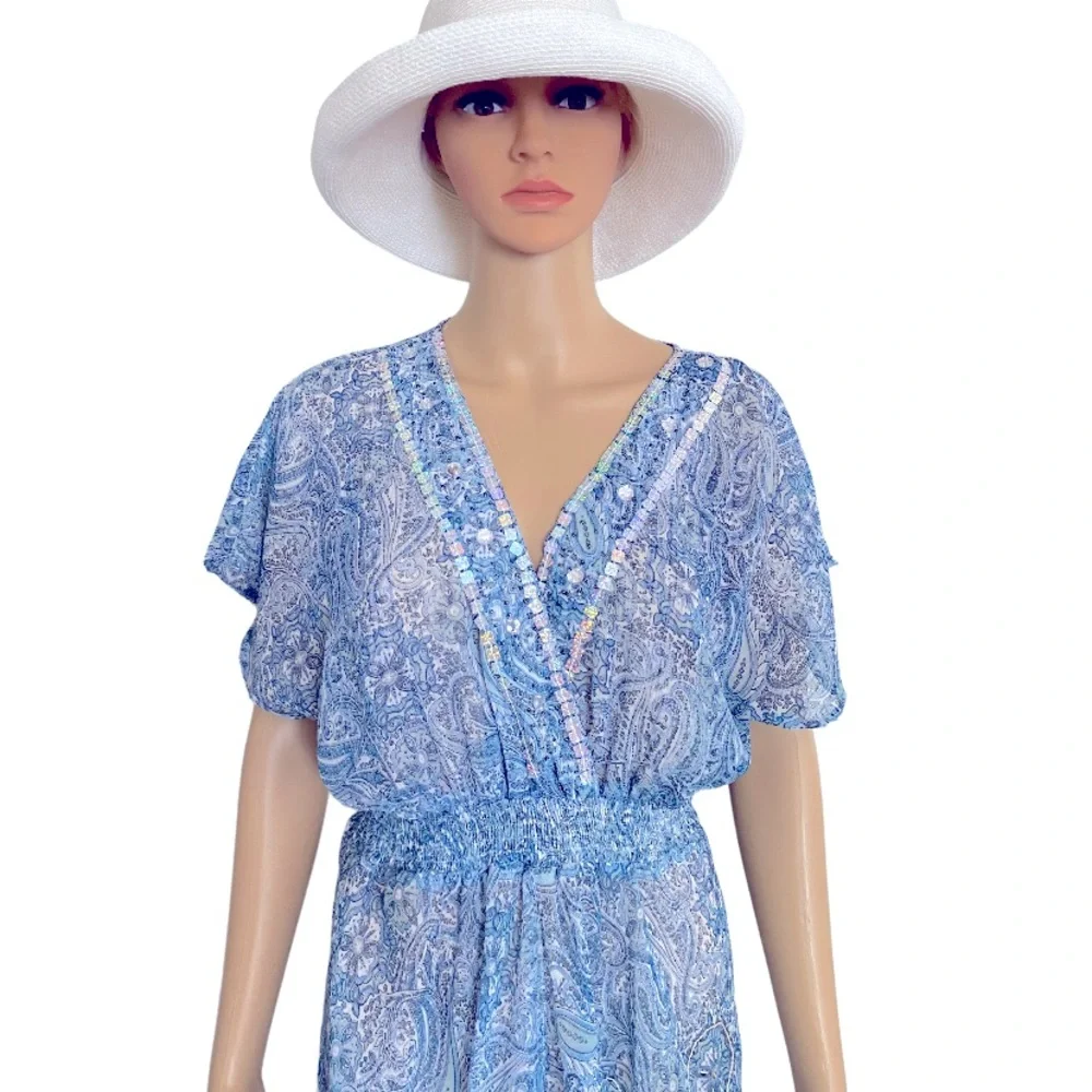 CALIFORNIA BREEZE Sheer Blue Embellished Tunic Cover-Up Size L